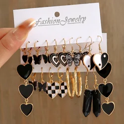 Fashion Black Heart Drop Earrings Set for Women Chessboard Ladies Love Tai Chi Temperament Earring 2023 Trendy Jewelry Gifts