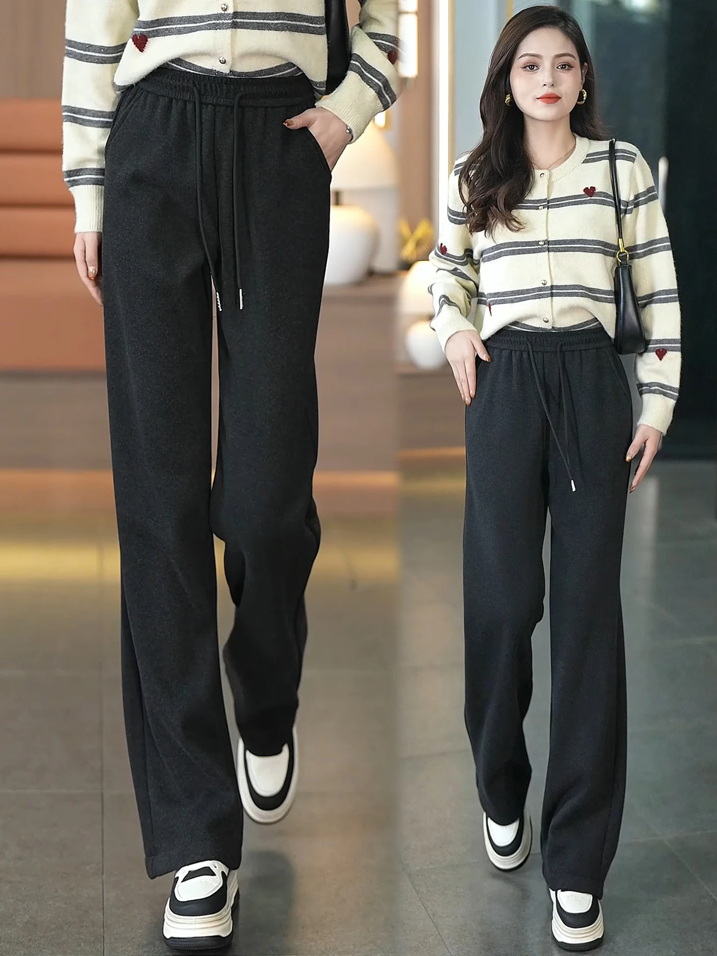 

Брюки с широкими штанинами и высокой талией, женские, осенне-зимние, новый стиль, повседневные, свободного кроя, на флисовой подкладке, прямого кроя