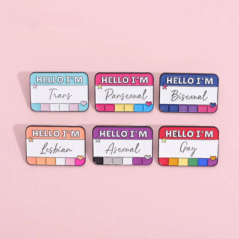 Hello I'M Bisexual Enamel Pins Fun Text Bi Pan Asexual Trans Gay Lesbian Brooches Lapel Metal Badges Pride Rainbow LGBT Jewelry