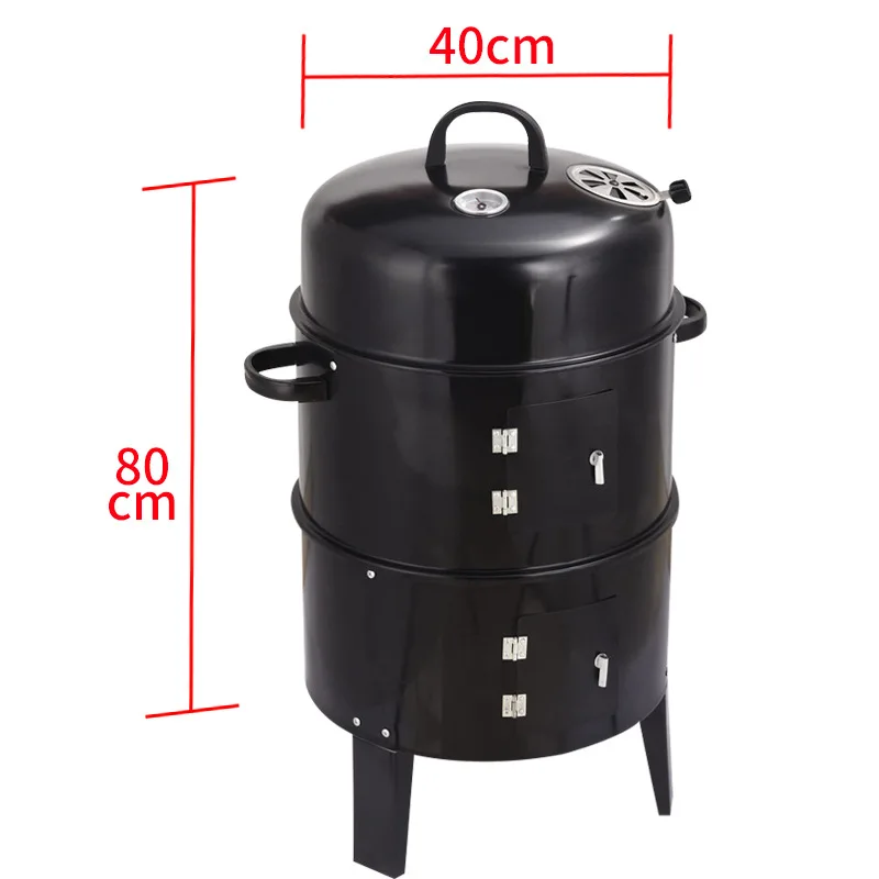 Outdoor courtyard three-in-one black smokehouse, stewing oven, barbecue oven, round smokehouse, charcoal barbecue oven in stock.