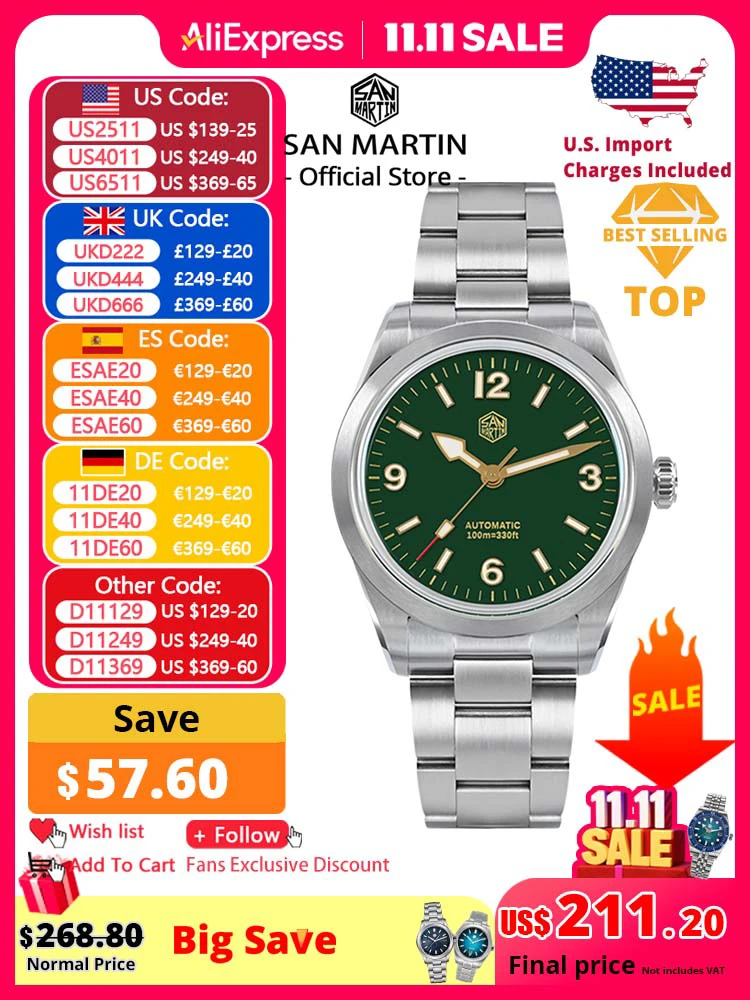 

San Martin Новые 38 мм винтажные эмалированные циферблаты NH35 мужские спортивные часы Explore Climbing Series автоматические механические с сапфировым стеклом 10 бар BGW-9