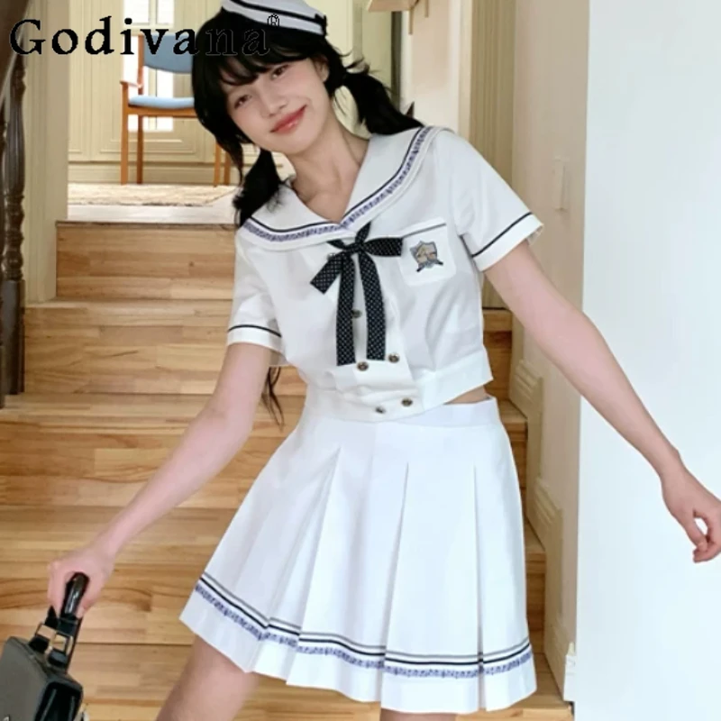 

Spring Summer New White Sweet Women College Pleated Skirt Fashion Versatile Age-reducing Short Sleeve Navy Collar Shirt Sets