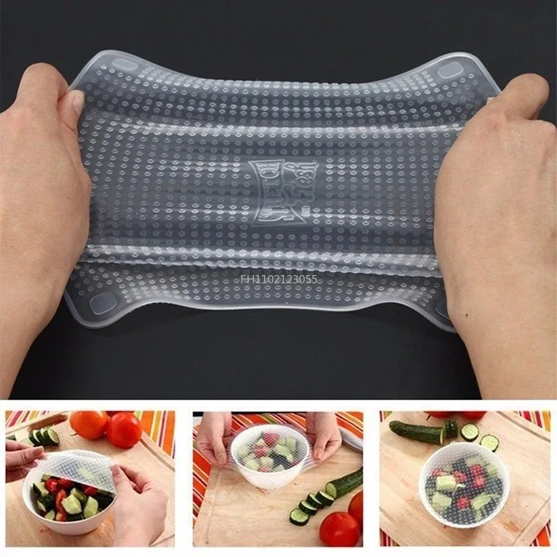 4Pcs Silicone Cling Film Reusable Multifunctional Eco Fresh Food Storage Saver Wrap Seal Cover Fresh Food Wrap Seal Kitchen Tool