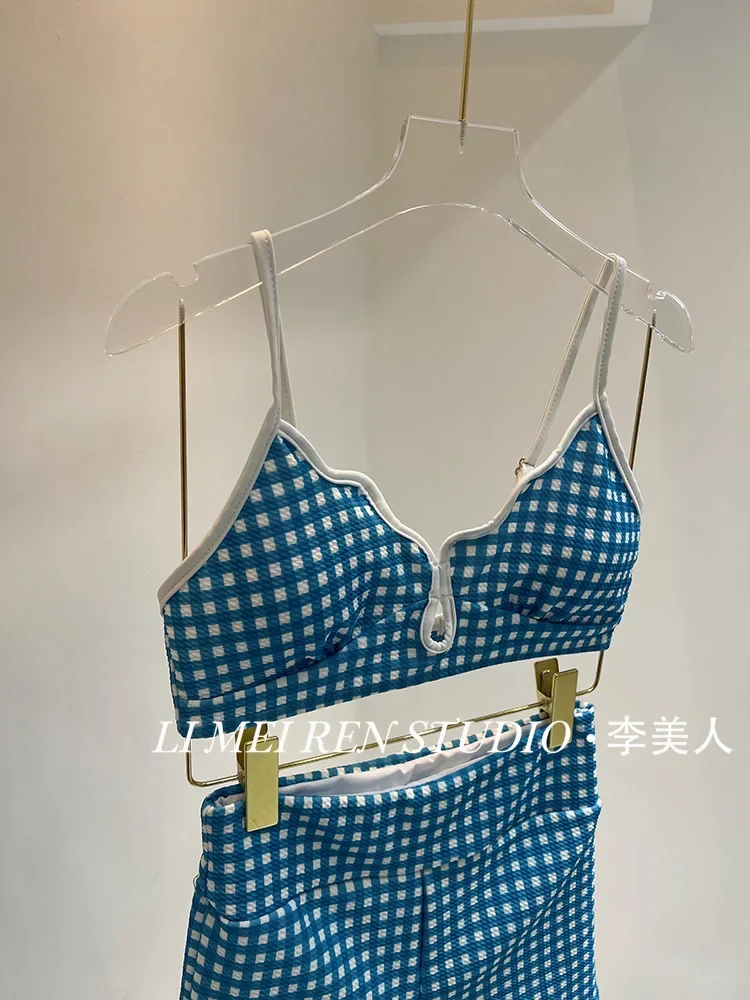 New vacation fashion versatile camisole vest blue checkered split swimsuit