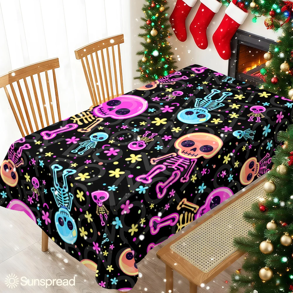 Neon Skeletons Colorful Flower Table Cloth Waterproof Spill Proof Table Cloth, Wipe Clean Table Cloth for Dining Camping