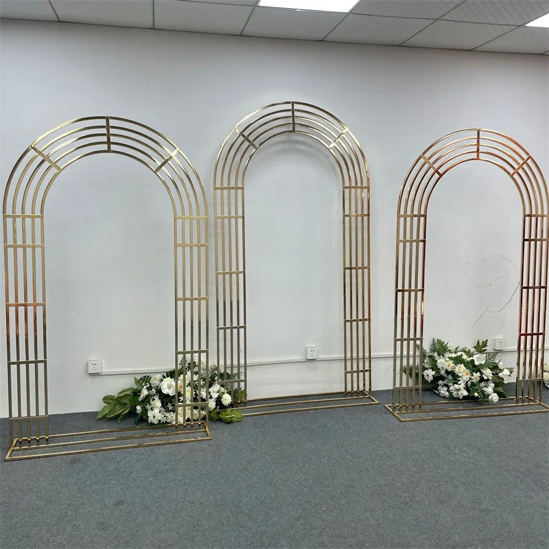 Shiny Curve Five Screen Frame, Wedding Arch, Gold Plated, Geometric Flower Door Frame, Artificial Flower Decoration, New, 3Pcs