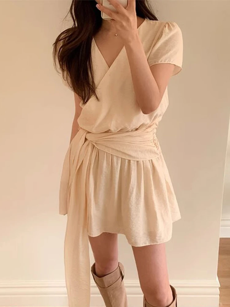 

Chic Summer New Cross V-ne Slimming ort Sve Chiffon Dr Women's High Waist Tie Waist A-line Skirt Korean Sle