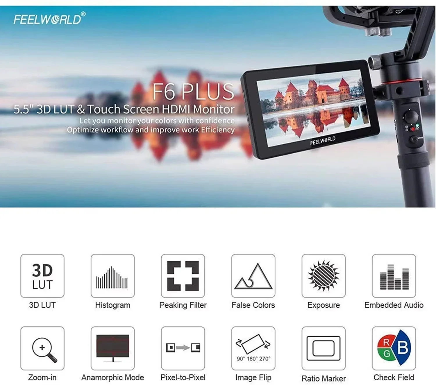FEELWORLD F6 PLUS V2 Monitor de câmera DSLR de 6 polegadas com HDR 3D LUT Touch Screen IPS 1920x1080 FHD Video Focus Assist 4K Monitor