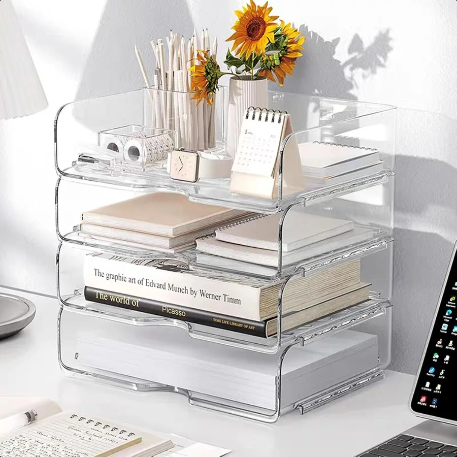 

Clear Stackable Paper Trays 4 Pack Letter Tray Desk Organizer Desktop Organizers and Storage for Books Magazines Folders A4 Siz
