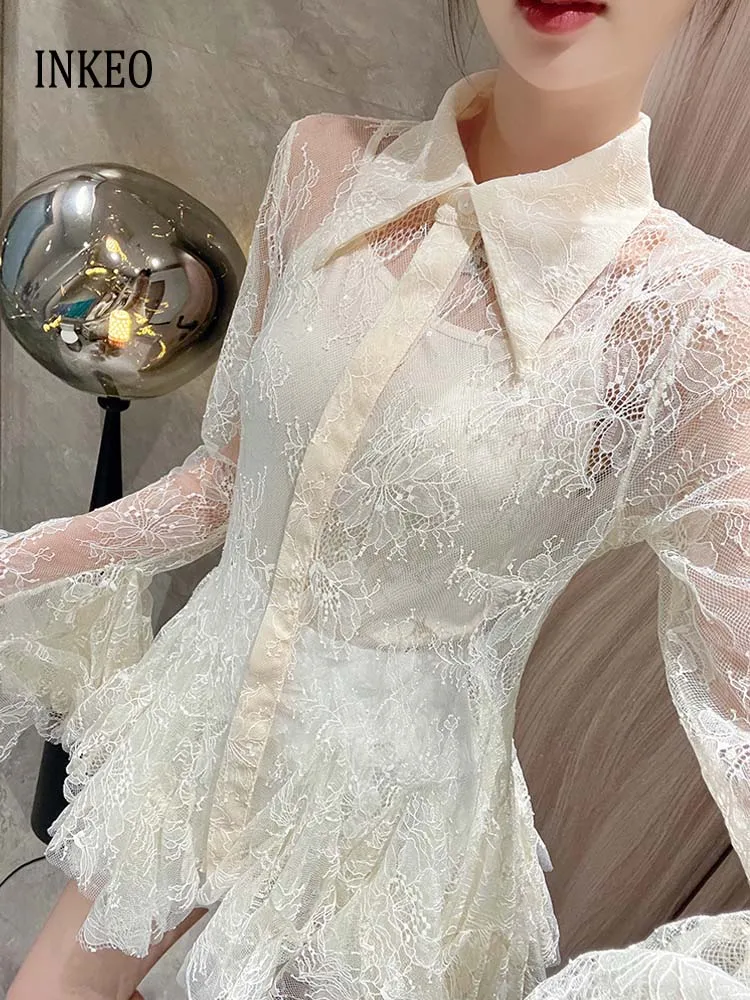 

Sexy Luxury Ruffles lace shirt for women 2025 New collection Design See-through long sleeve blouse Irregular tops INKEO 5T088