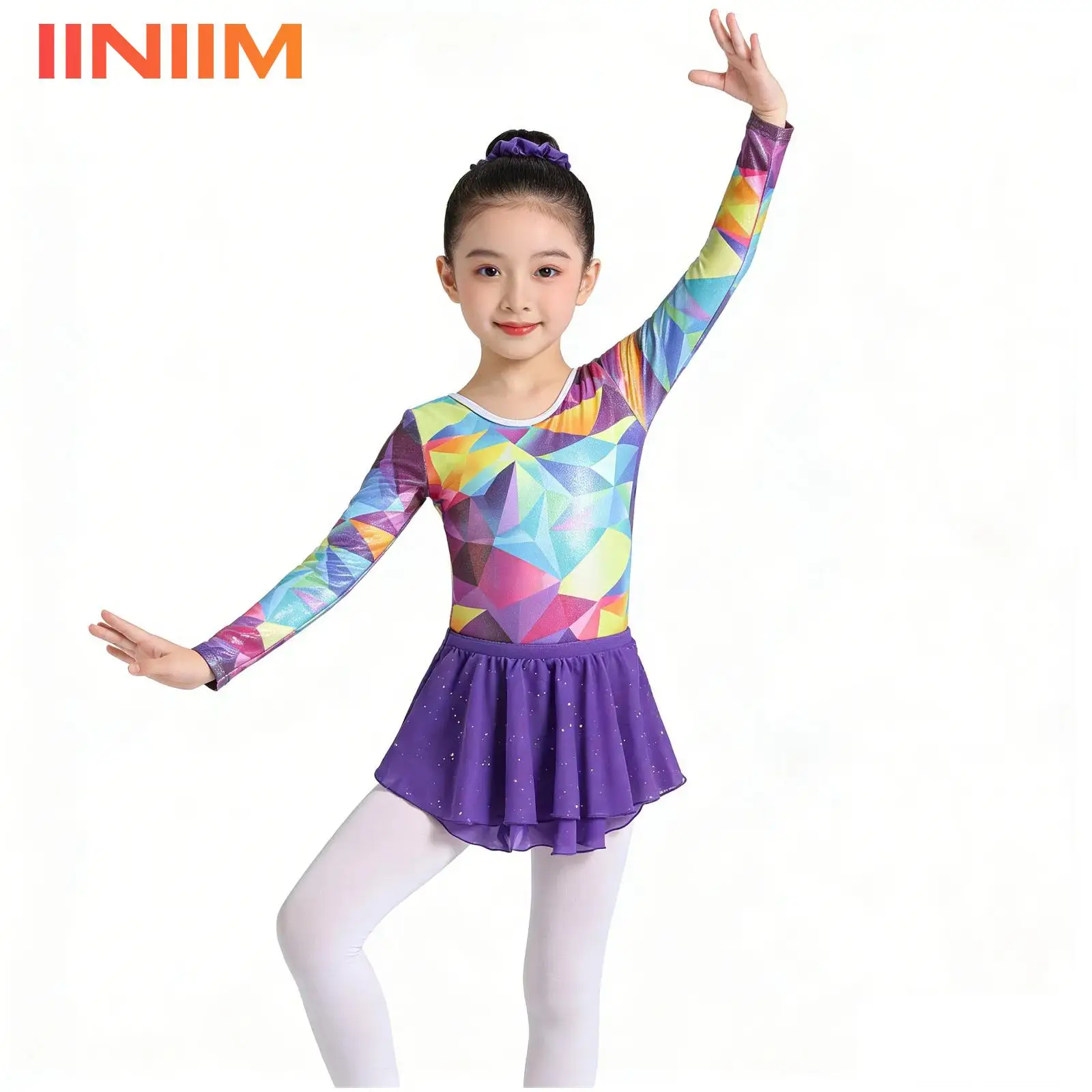 

Kids Girls Gymnastics Ballet Leotards Dance Outfit with Sparkling Tutu Skirt And Hair Band Sequined Printed Performance Costume