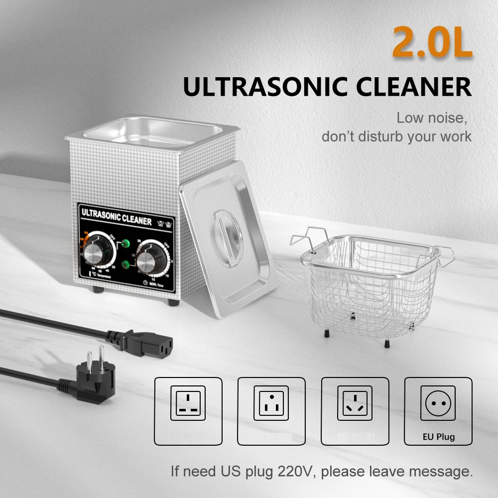 Ultrasonic Cleaner Bath 2L 60W/120W with Stainless Basket Heater Timer Ultrasound Home Appliances 220V EU Plug