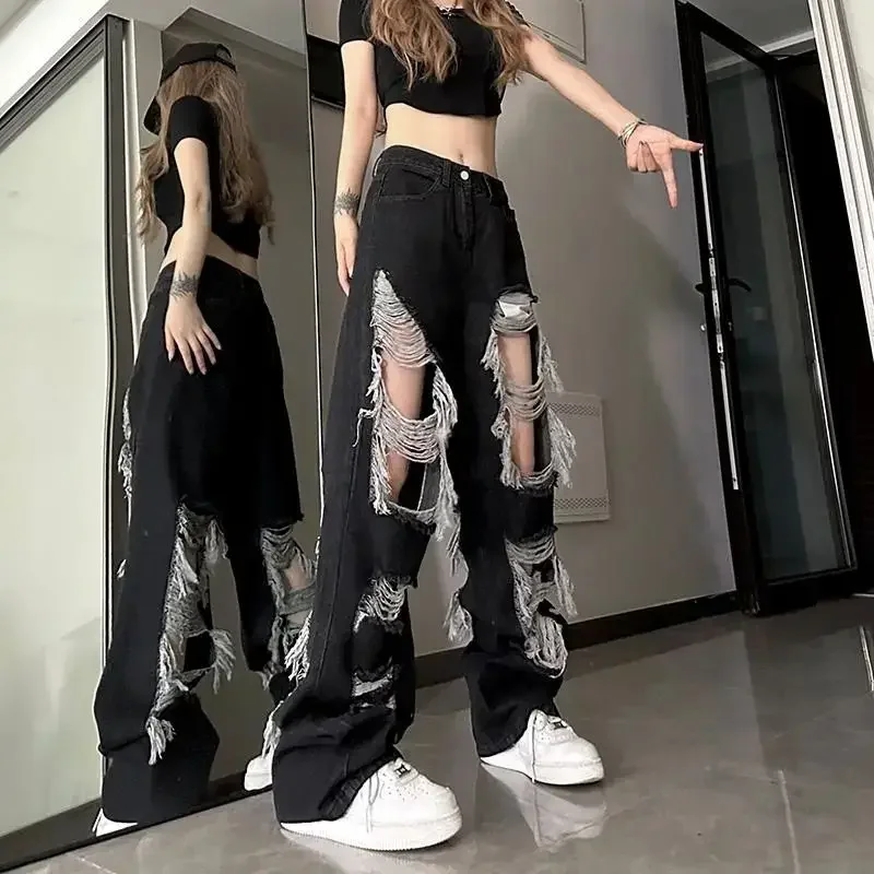 New Y2k Front-Rear  Broken Hole Jeans All-Match Distressed Women High Street Hip Hop High Waist Straight Loose Trousers