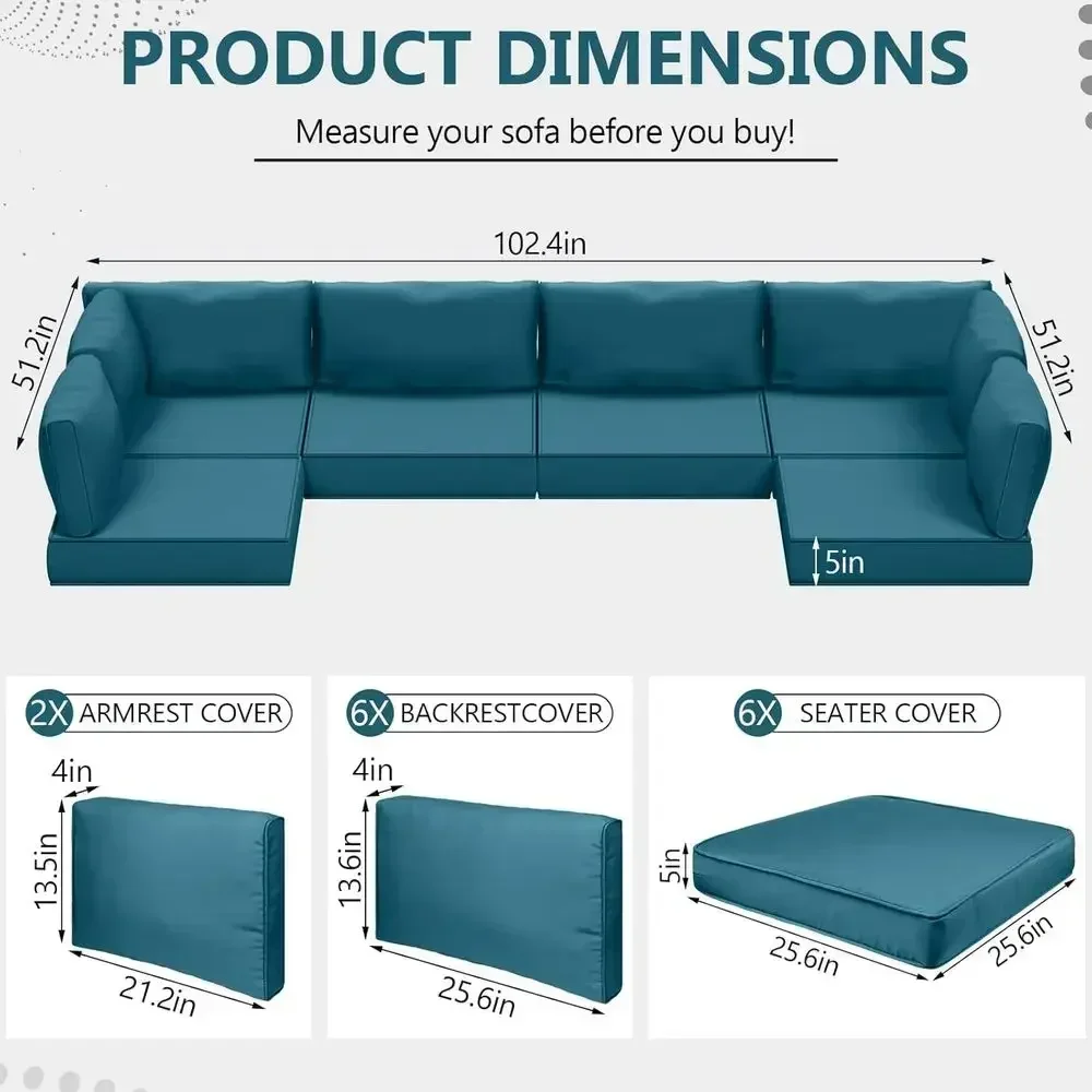 5 Inch Outdoor Cushions Set for Patio Furniture - 14 Piece Waterproof Replacement Cushions for 6-Seat Rattan Wicker Sectional So