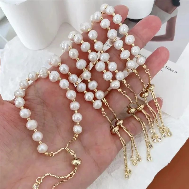 

5Pcs Good quality Gold Color Beads Freshwater pearl Adjustable Chain bracelets Bangles Fashion jewelry For Women Elegant Jewelr