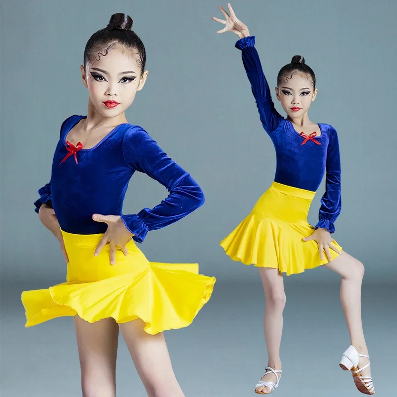 Long Sleeve Velet Girls Latin Dance Dress Kids Professional Ballroom Dancewear Cha Cha Salsa Tango Performance Practice Costumes