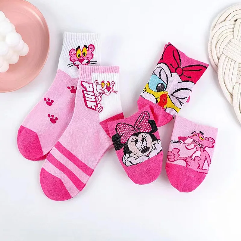 5 Pairs Disney Minnie Mouse Socks Daisy Duck Children\'s Socks Spring and Autumn Medium Tube Combed Cotton Girls Pink Socks