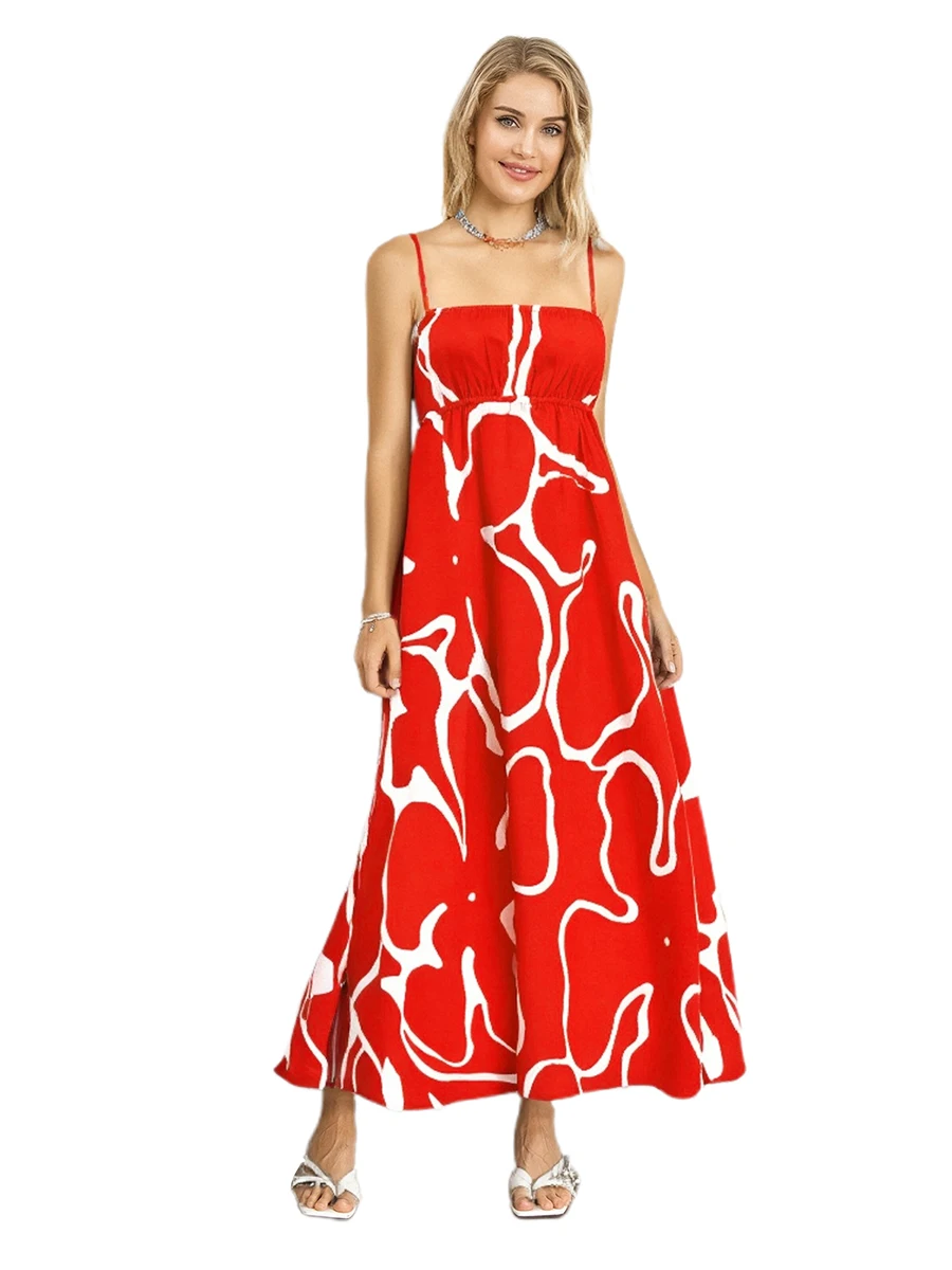 فستان نسائي طويل كامي موضة طباعة السباغيتي حزام فستان حمل فضفاض لفصل الصيف