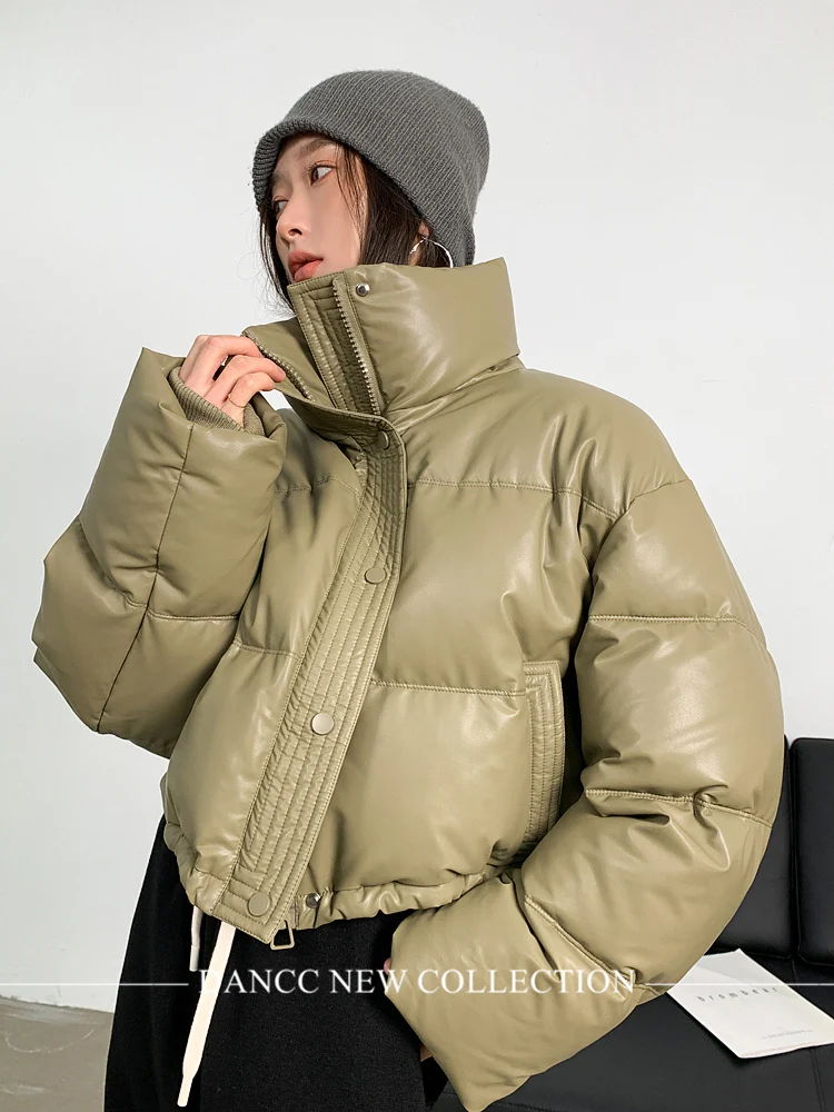 Zoki-Casaco de PU inchado feminino, Parkas vintage americano recortado, manga comprida grossa quente, casacos soltos de algodão, streetwear moto,