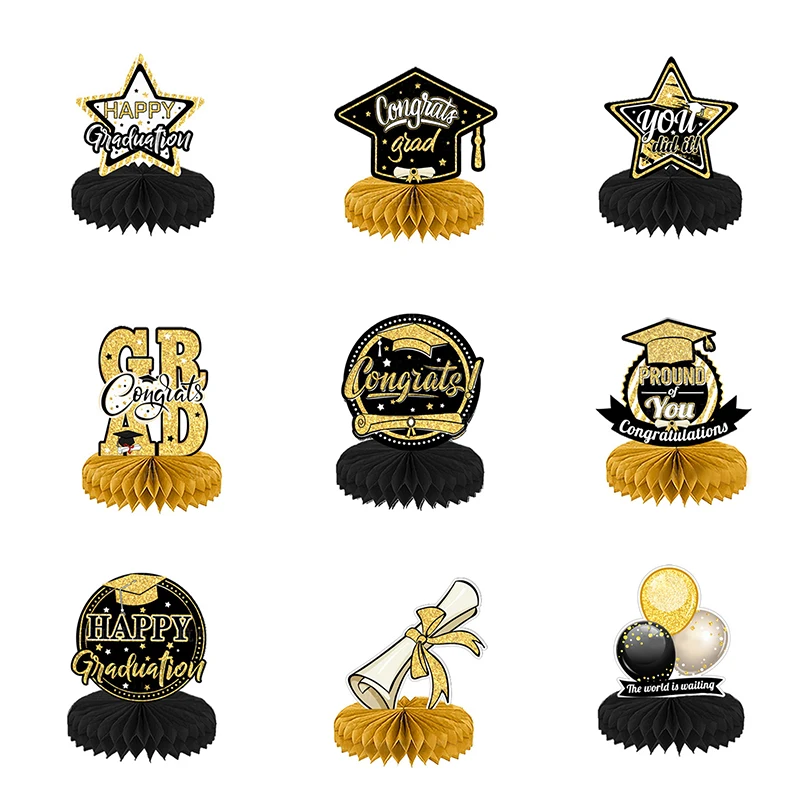 9pcs Graduation Decorations Supplies Grad Honeycomb Centerpiece Graduation Table Topper Party Favor Photo Booth Prop