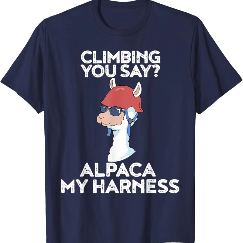 Funny Climbing Shirt Cute Alpaca Rock Climber Tee Unisex Cartoons Graphic Tshirts Loose Casual Style Regular Short Sleeve Adult