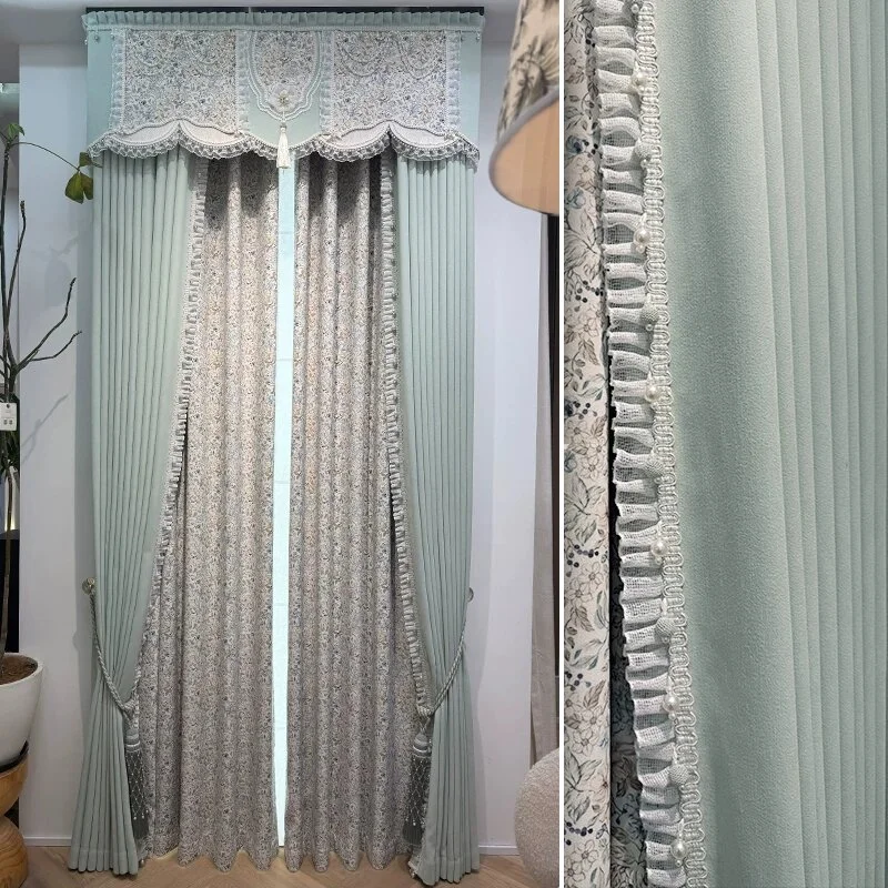 New Rural Flowers Light Green Lace Chenille Curtains for Bedroom Living Room French Window Customized Products Valance