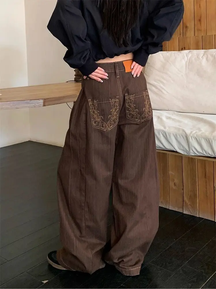 

HOUZHOU Brown Vintage Embroidery Women Jeans Washed Wide Leg American Style Denim Trousers Oversize Classic Striped Casual Pants