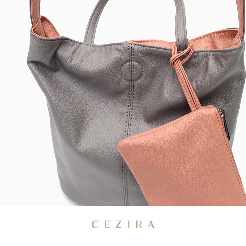 CEZIRA Soft PU Vegan Leather Top-handle Shoulder Bags Women Reversible Handbag Female Crossbody Small Bucket Tote with Zip Purse