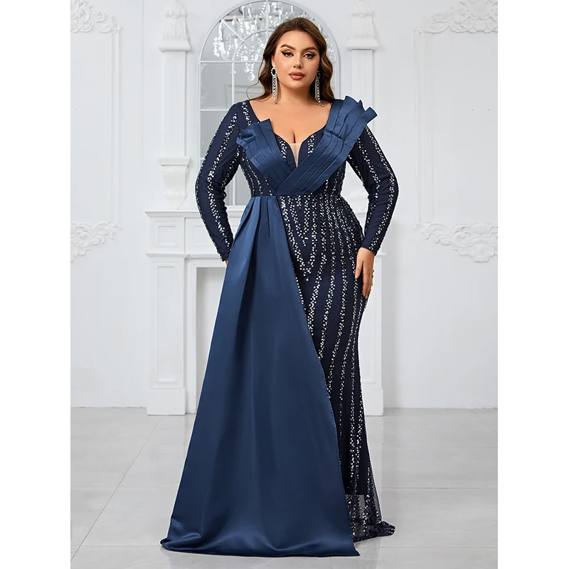 Elegant Ladies Clothing Long sleeve V Neck Blue Sequined Fashion Sexy Formal Occasion Evening Prom Cocktail Mermaid Maxi dress