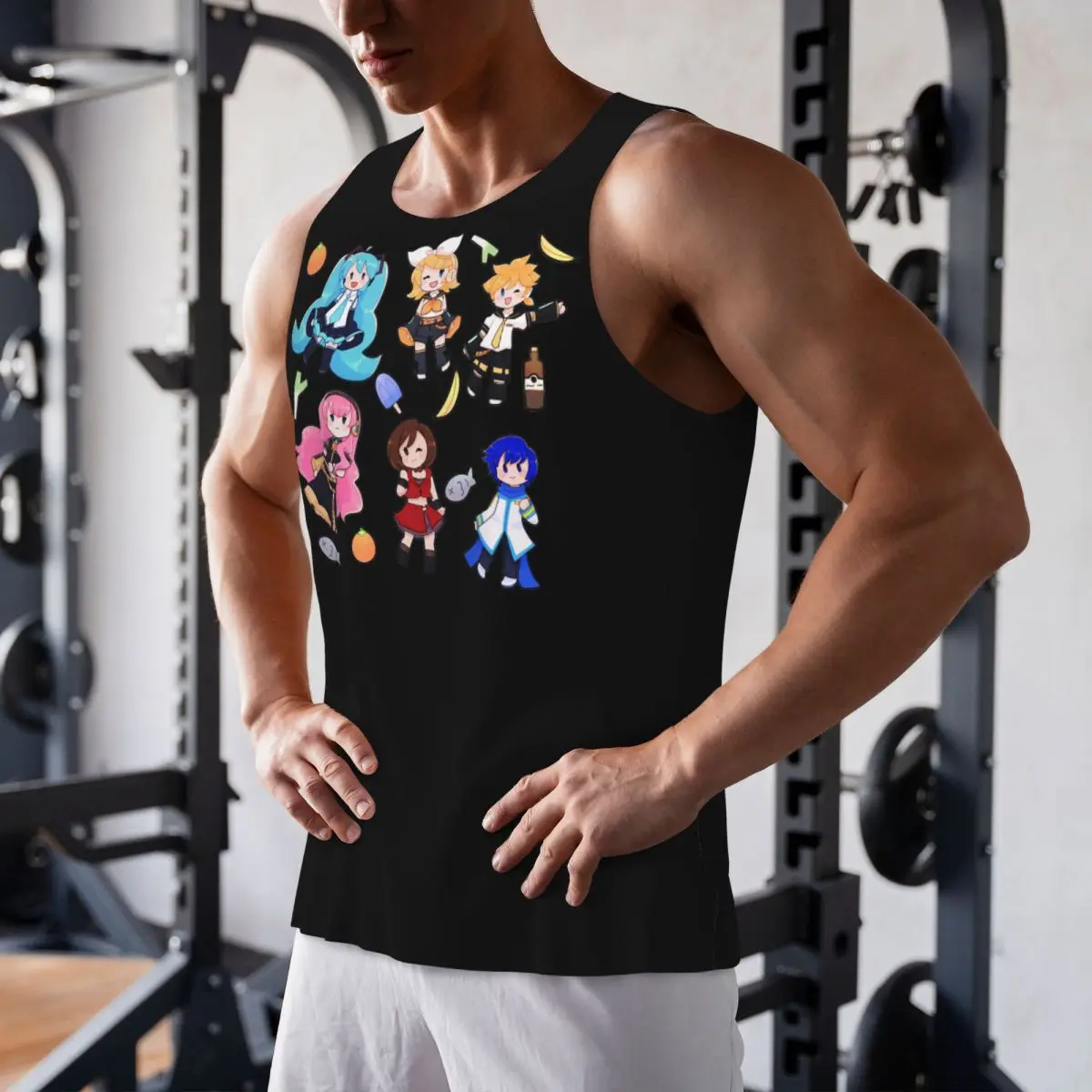 速乾性ボーカロイドちびカオス！-ミク-ジム-タンク-マッスル-ノースリーブ-シャツ-ボディビルディング-通気性ベスト