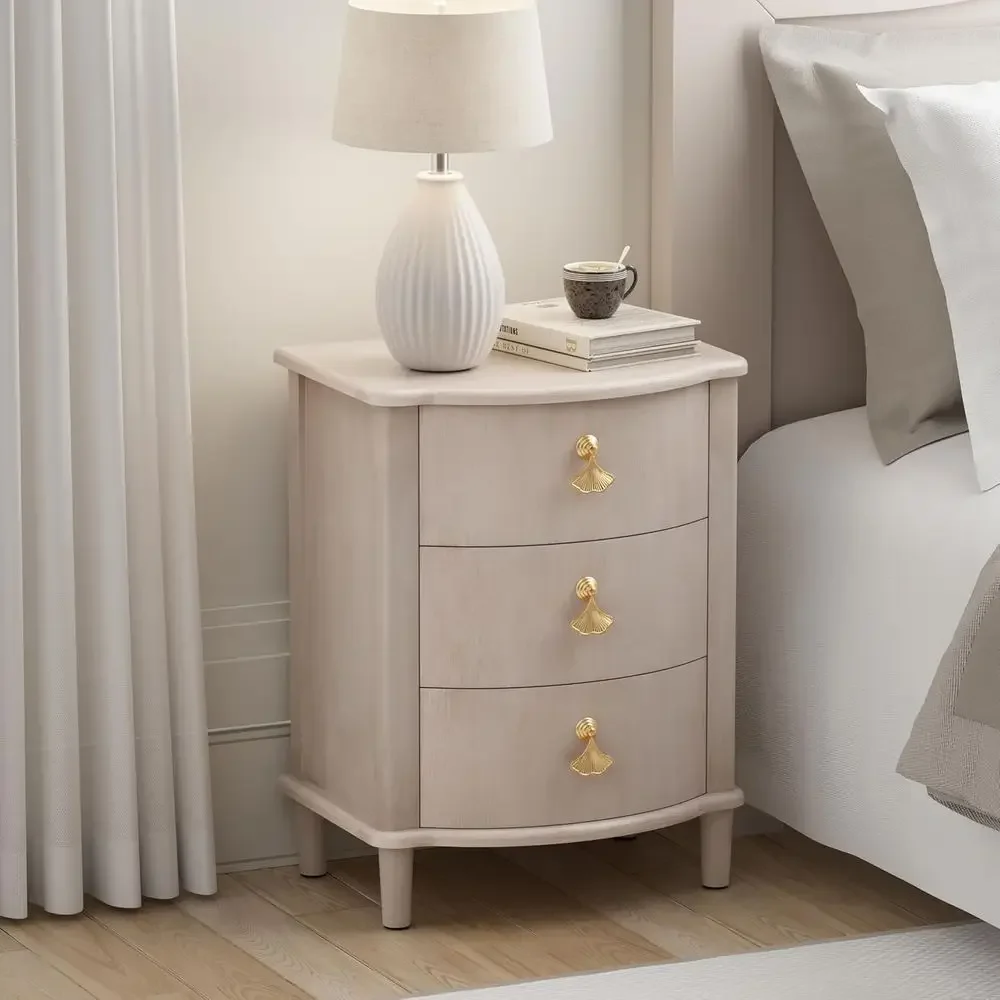 Graceful 3-Drawer Nightstand with Antique Gold Handles, Classic Curved Front, Distressed Finish, Ivory