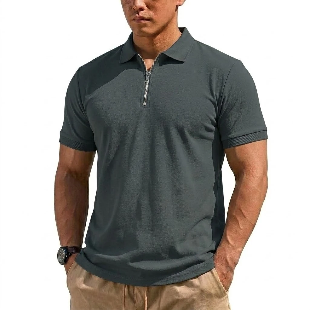 Sommer Herren Henry Shirts Gym Man Kurzarm T-Shirt Leichtes Reißverschluss-T-Shirt Koreanische Schnelltrocknende Shirts Herrenbekleidung – Detail 3