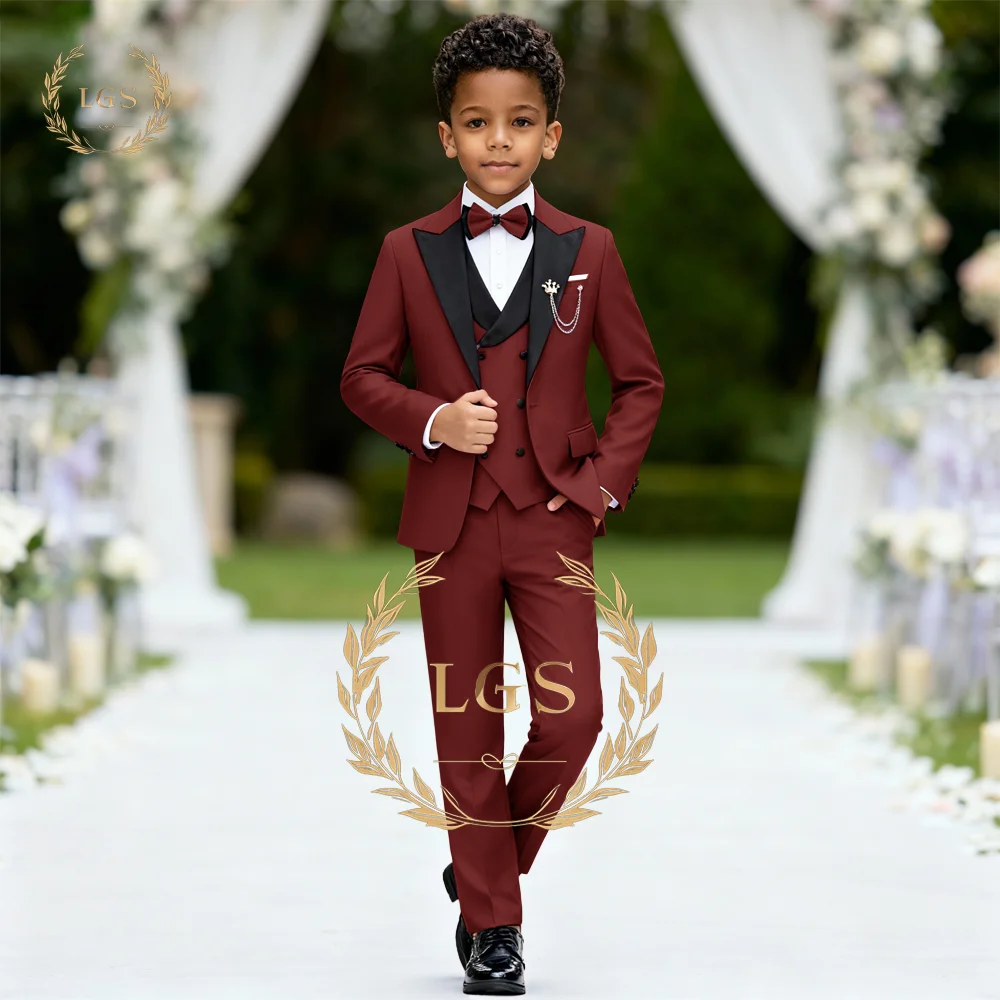 

Boys' Stylish 3-Piece Suit Set: Blazer with Black Satin Peak Lapel, Vest and Pants for Weddings, Ceremonies and Formal Occasions