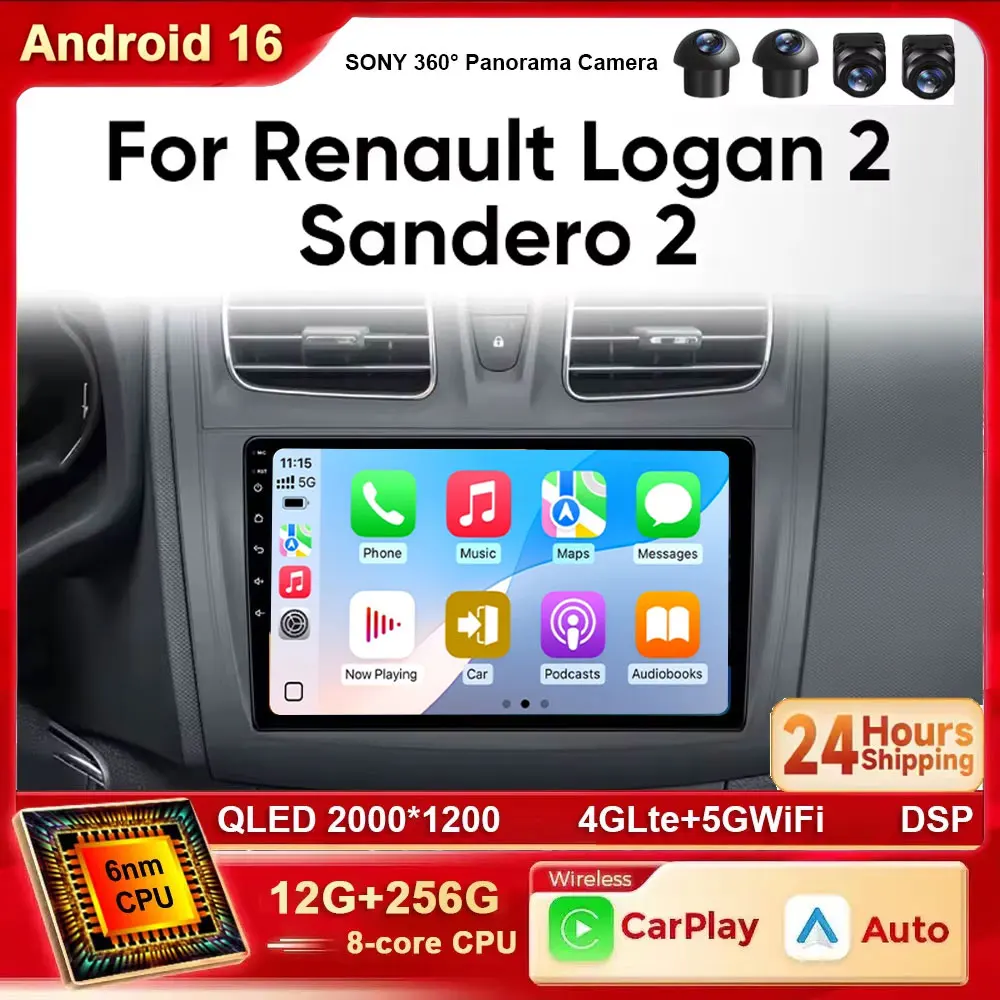 Android 16 Car Multimedia Player For Renault Logan 2 Sandero 2 2014-2019 Symbol Wireless Carplay Stereo 2Din 4G Wifi DSP QLED