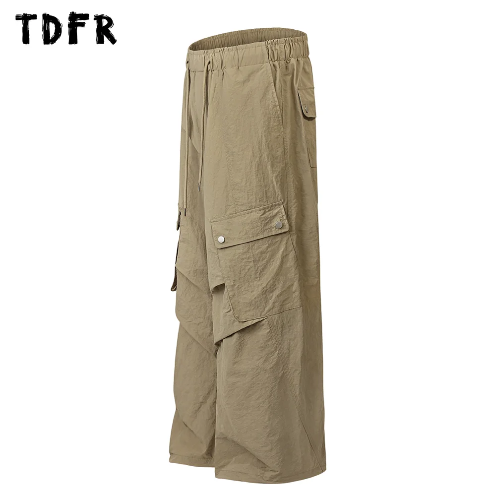 Pocket Spliced Cargo Joggers Pants Mens Solid Color Safari Style Elastic Waist Loose Wide Leg Trousers Men