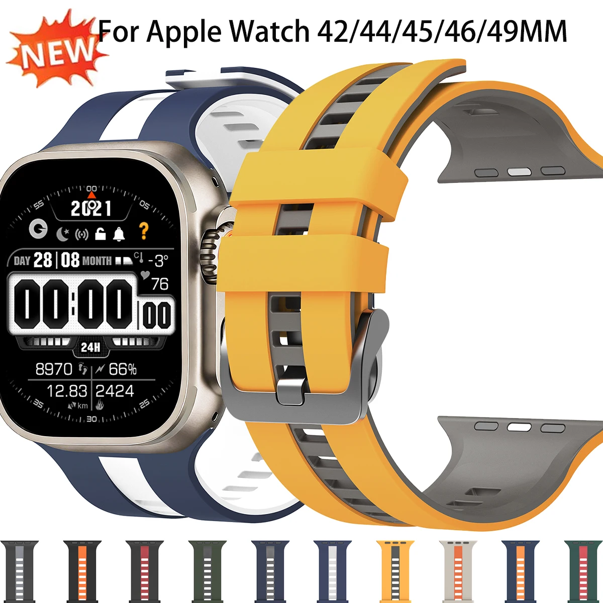 Two Color Silicone Band for Apple Watch 42 44 45 46 49mm Adjustable Sport Strap for Iwatch Ultra 3/2 Series 11 10 9 8 7 SE3 Belt