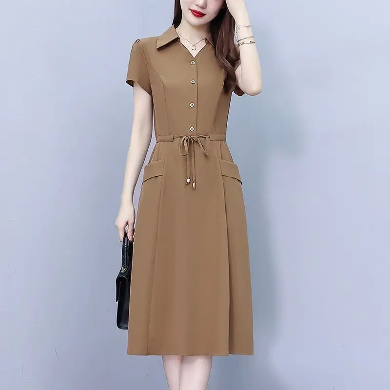 Fashion Stylish Women's 2024 Summer Patchwork Polo Shirt Button Zipper Sashes Pocket Solid Color Slim Waist Short Sleeved Dress