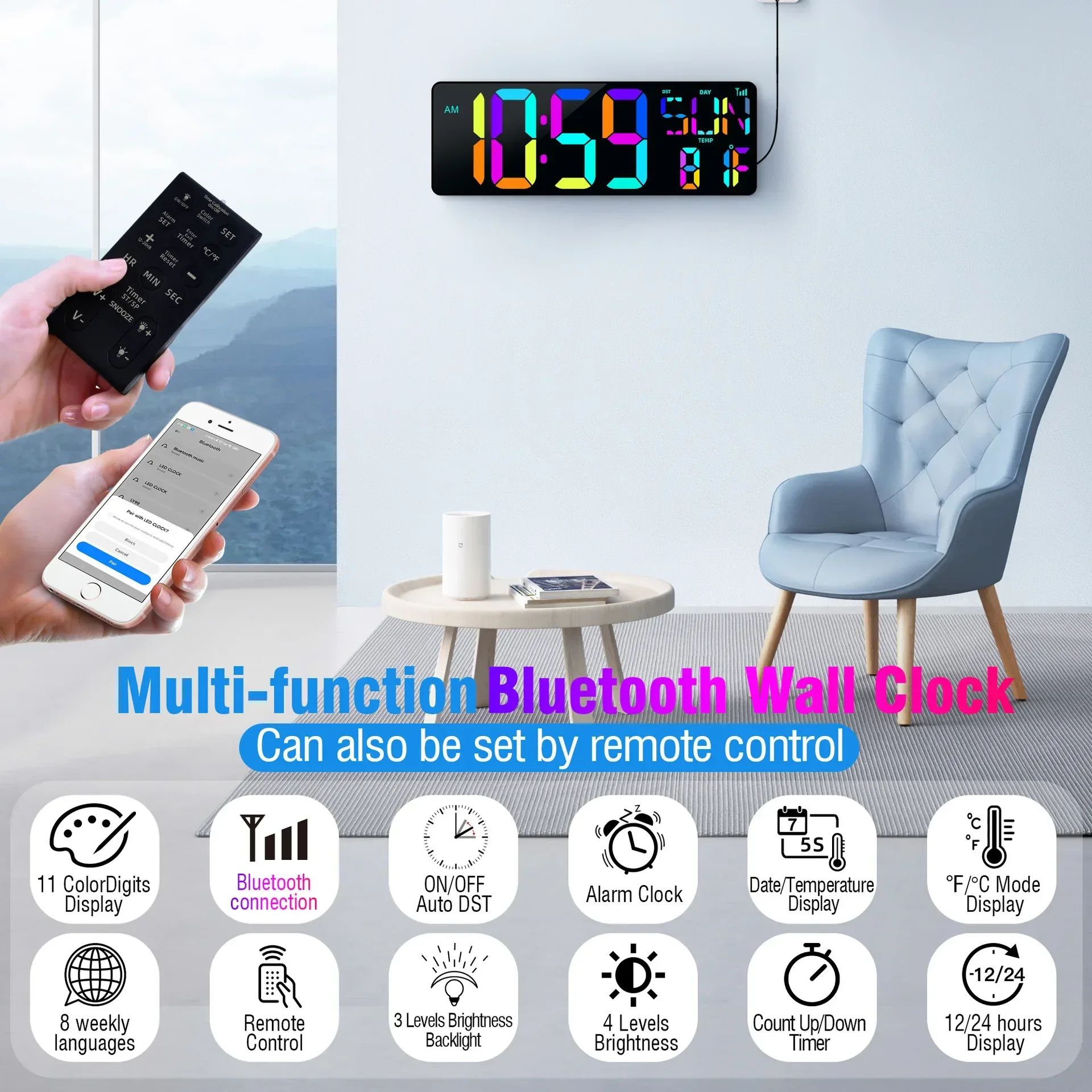 17.2in Large LED Digital Wall Clock Temp Humidity Display Bluetooth Automatic Calibration Time Adjustable Brightness Alarm Clock