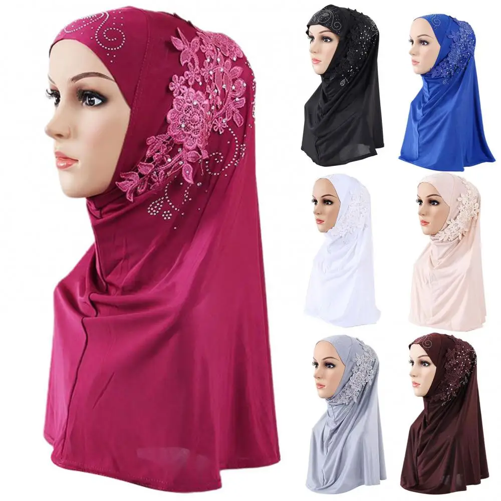 Cap Scarf Solid Color Women Lace Rhinestone Muslim Hijab Wrap Islamic Head Cover