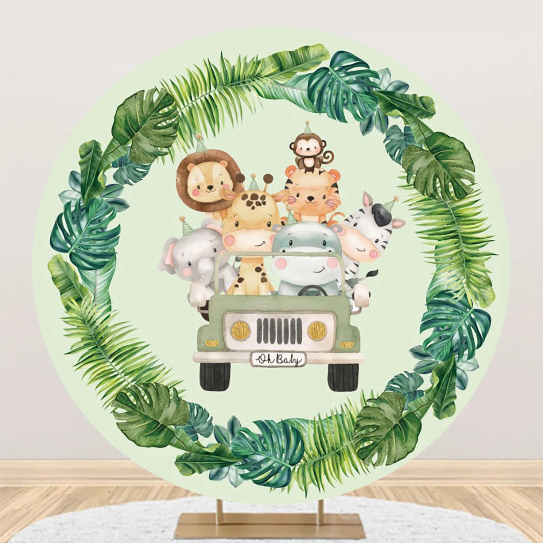 Laeacco Safari Birthday Round Background Tropical Jungle Animals Baby Shower Newborn Portrait Customized Photography Backdrop