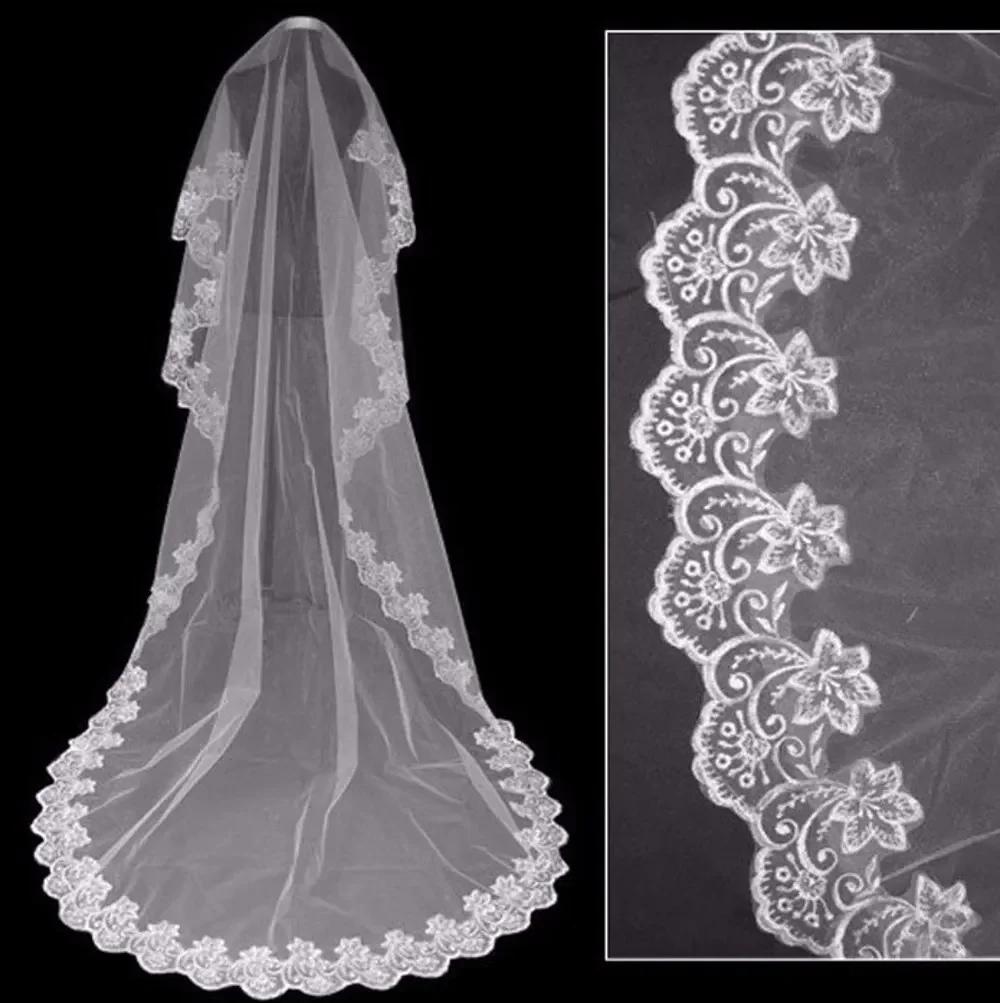 

One Tier Lace Applique Edge Cathedral Length Wedding Veils White Ivory Long Bridal Accessories