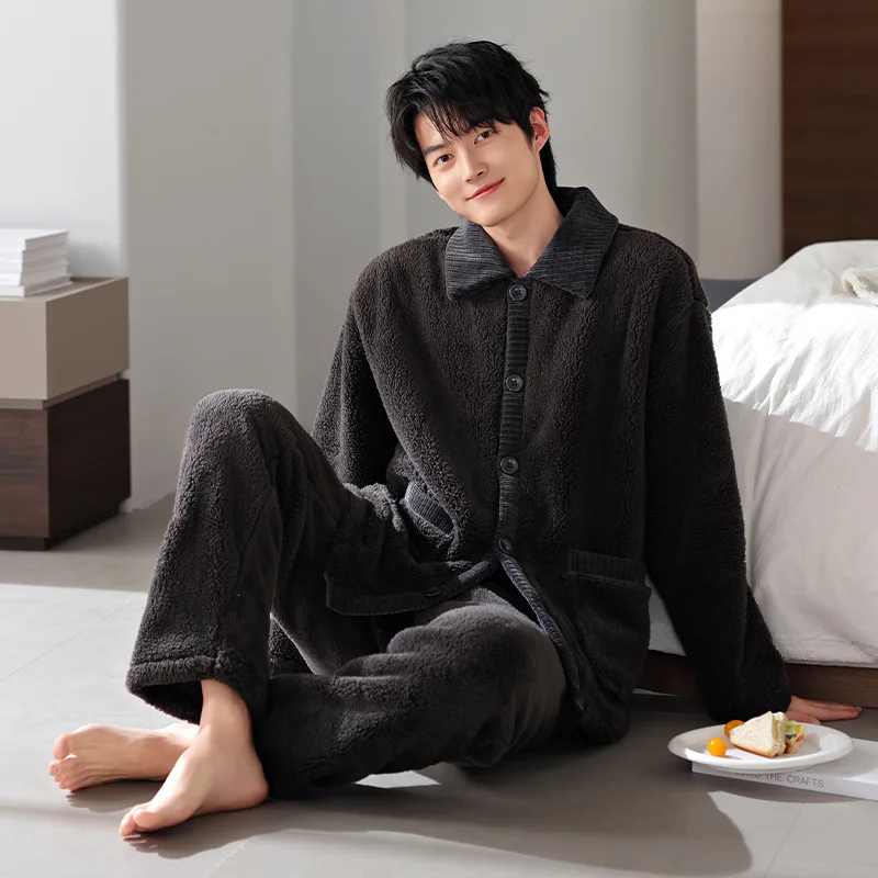 

Autumn Winter New Male Pajamas Set Thicken Warm Coral Fleece Sleepwear Home Clothes Big Size Flannel Pijamas Suit Loungewear