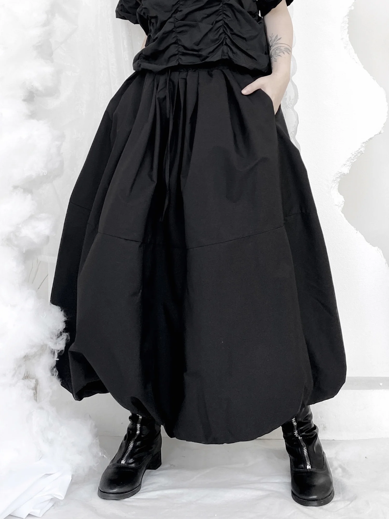 High Waist Black Lotus Leaf Lantern Flower Skirt Slimming Design Mountain Wind Cotton Long A-Line Skirt for Young Women