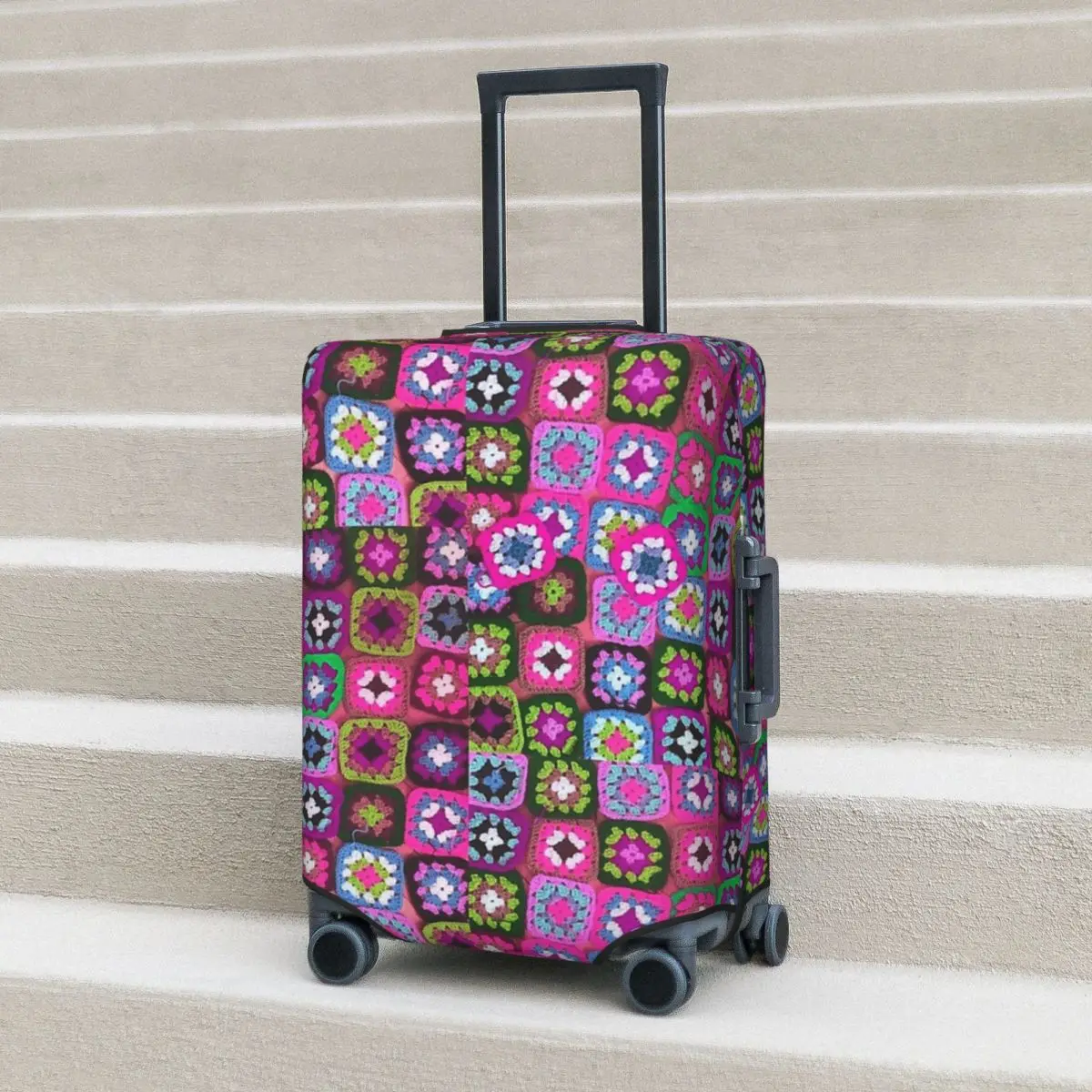 

Crochet Blanket Granny Square Vintage Suitcase Cover Protection Elastic Travel Luggage Protector Covers for 18-32 Inch