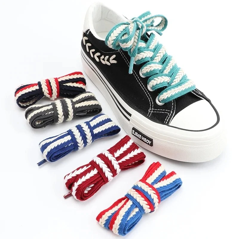 Casual Campus Laces For Sneakers Cotton Material Colorblock Weave Men Women Canvas Shoelaces Rubber Band For Shoes Accessories