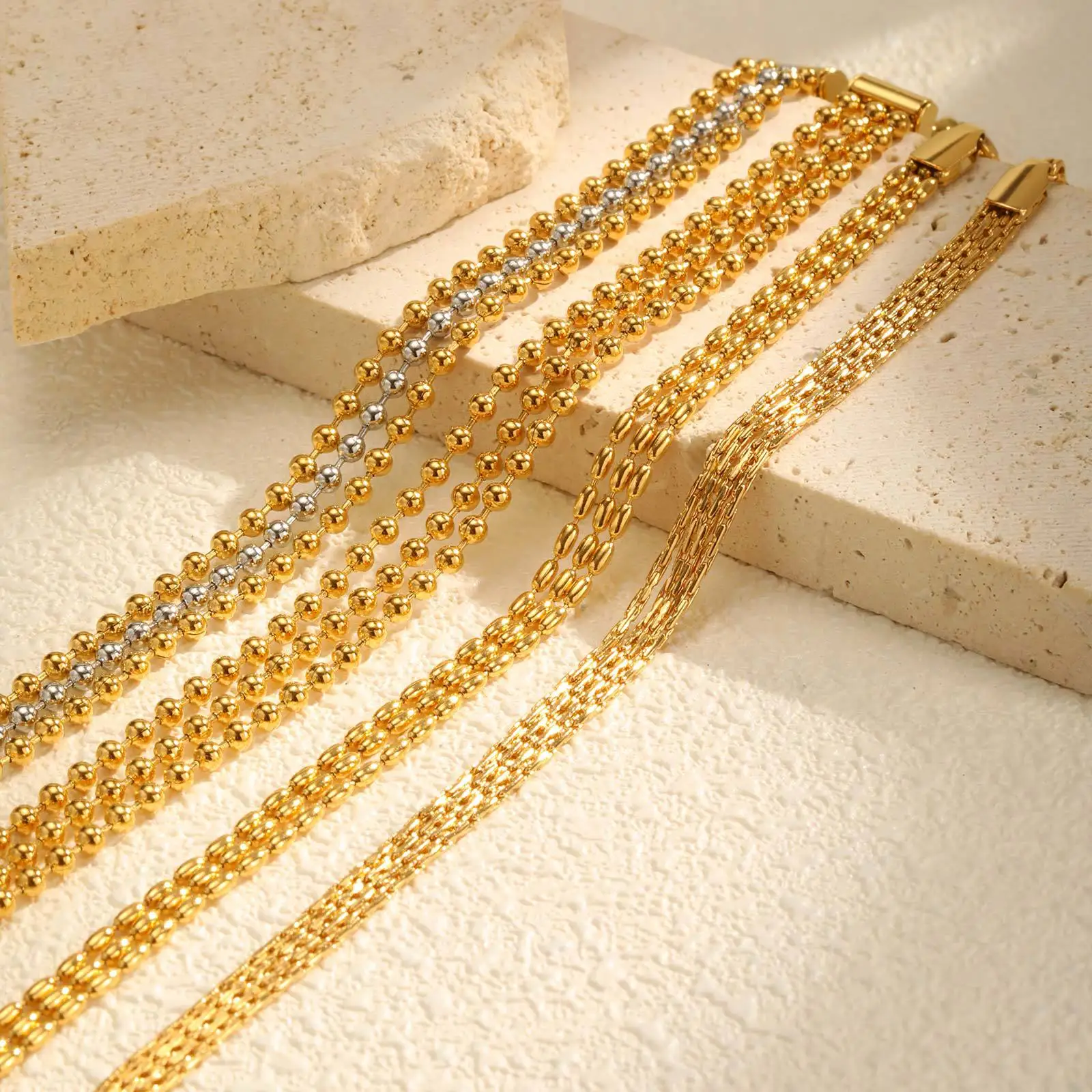 

Simple stainless steel gold color hammer round chain multi-layered bracelet for ladies' jewelry