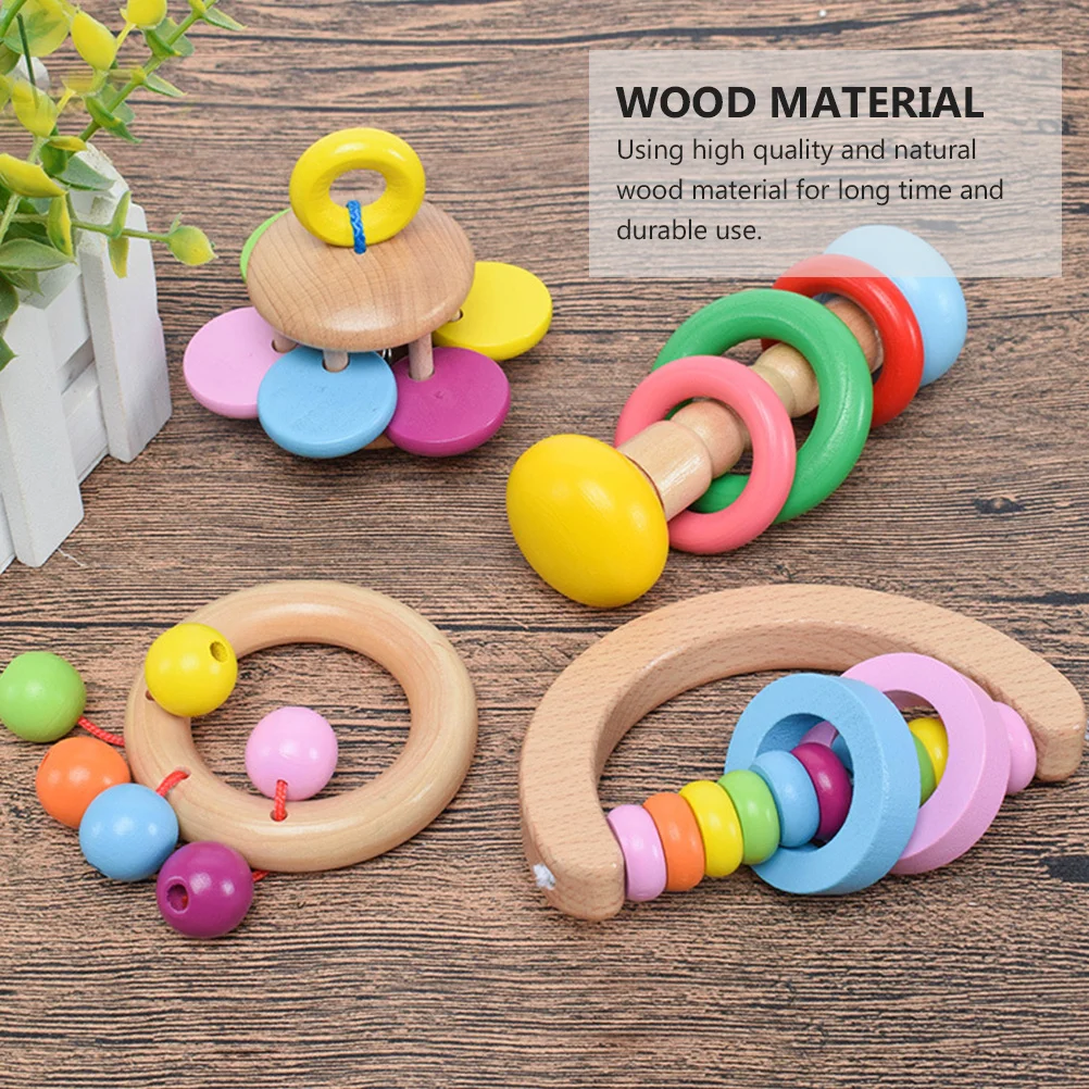 2pcs Wooden Baby Handbell 2 Styles Random Color Natural Wood Rattle Plaything Safe Durable Kids Hand Grab Music Educational