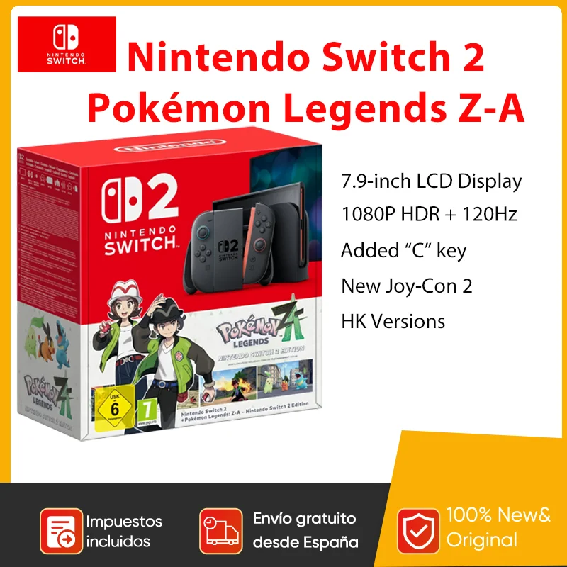 2025 Original Nintendo Switch 2 + Pokémon Legends Z-A NS2 Paquete de edición limitada Pantalla de 7,9 pulgadas 120 Hz Versión HK Joy‐Con Manija