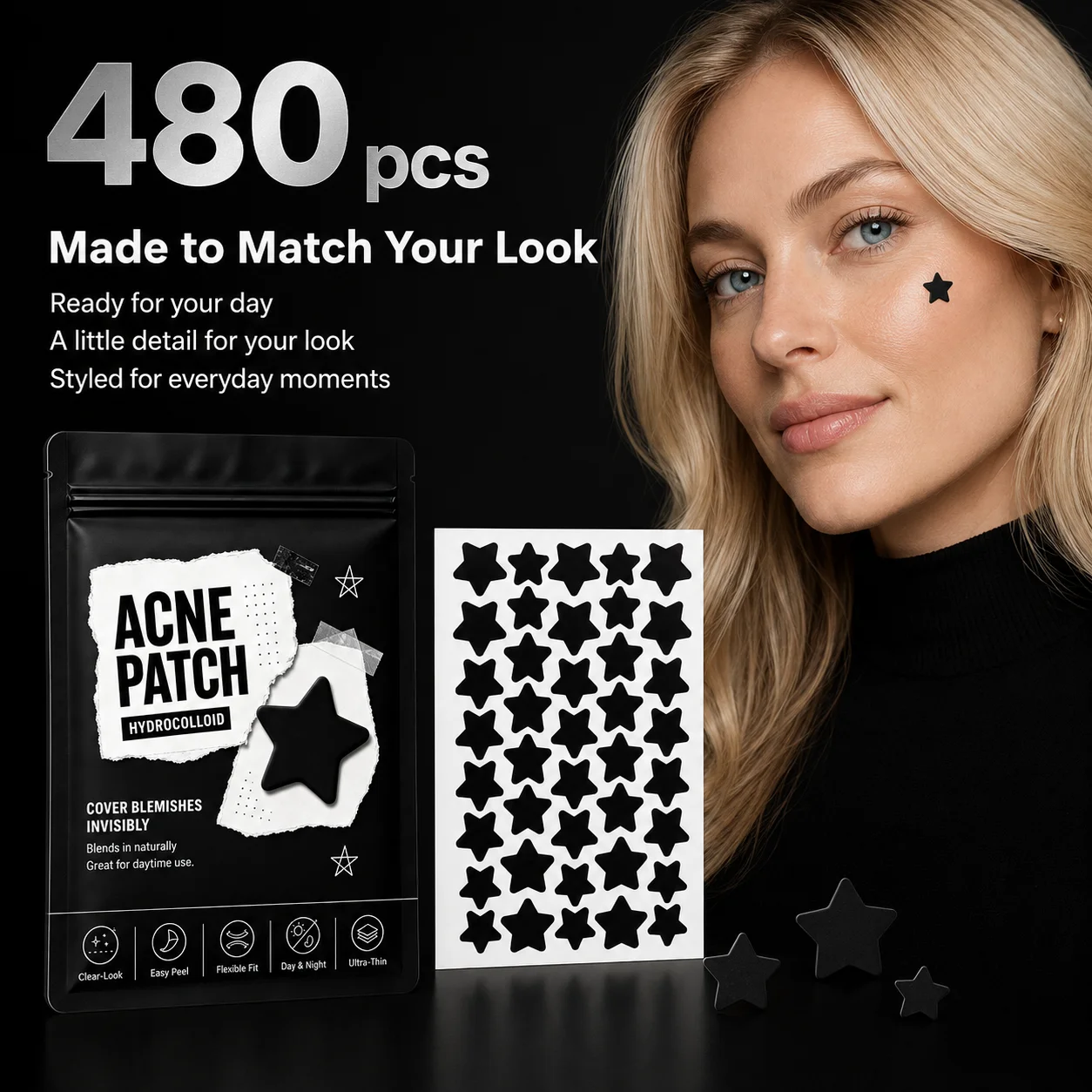 480pcs Mixed-Size Black Star Pimple Patches, Hydrocolloid, Ultra-Thin, Easy Peel, Photo-Ready for Daily Styling