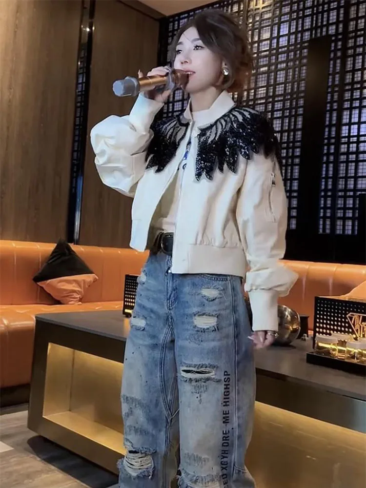 2025 Spring New Fashion Short Coat Women European Style Heavy Industry Shawl Shining Patchwork Slimming Baseball Jacket